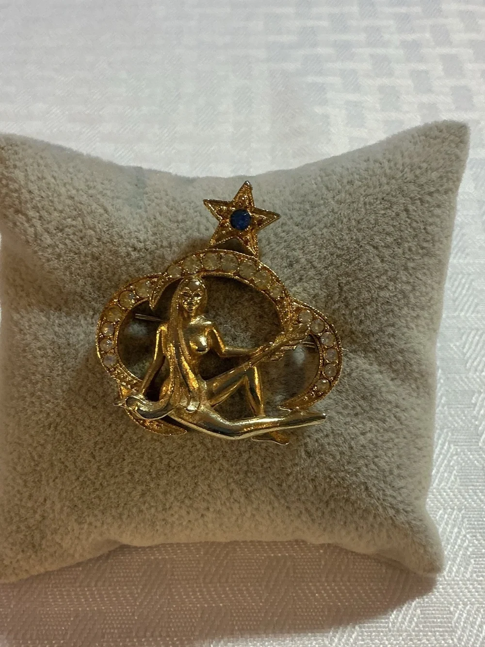 St. Labre Gold Tone Zodiac Brooch with Astrology Goddess Star